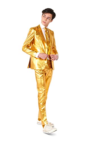 OppoSuits Groovy Gold Glänzender Anzug für Teenager-Jungen - Abschlussball- und Hochzeitsfeier-Outfit - einschließlich Blazer, Hose und Krawatte - Gold - im Sale